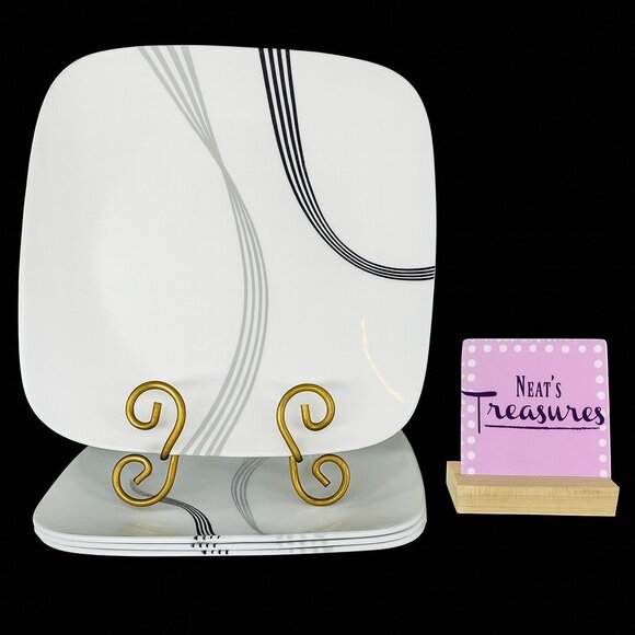 Corelle URBAN ARC Break Chip Resistance Black Gray Lines Dinner Plates Set of 4 - Picture 1 of 10